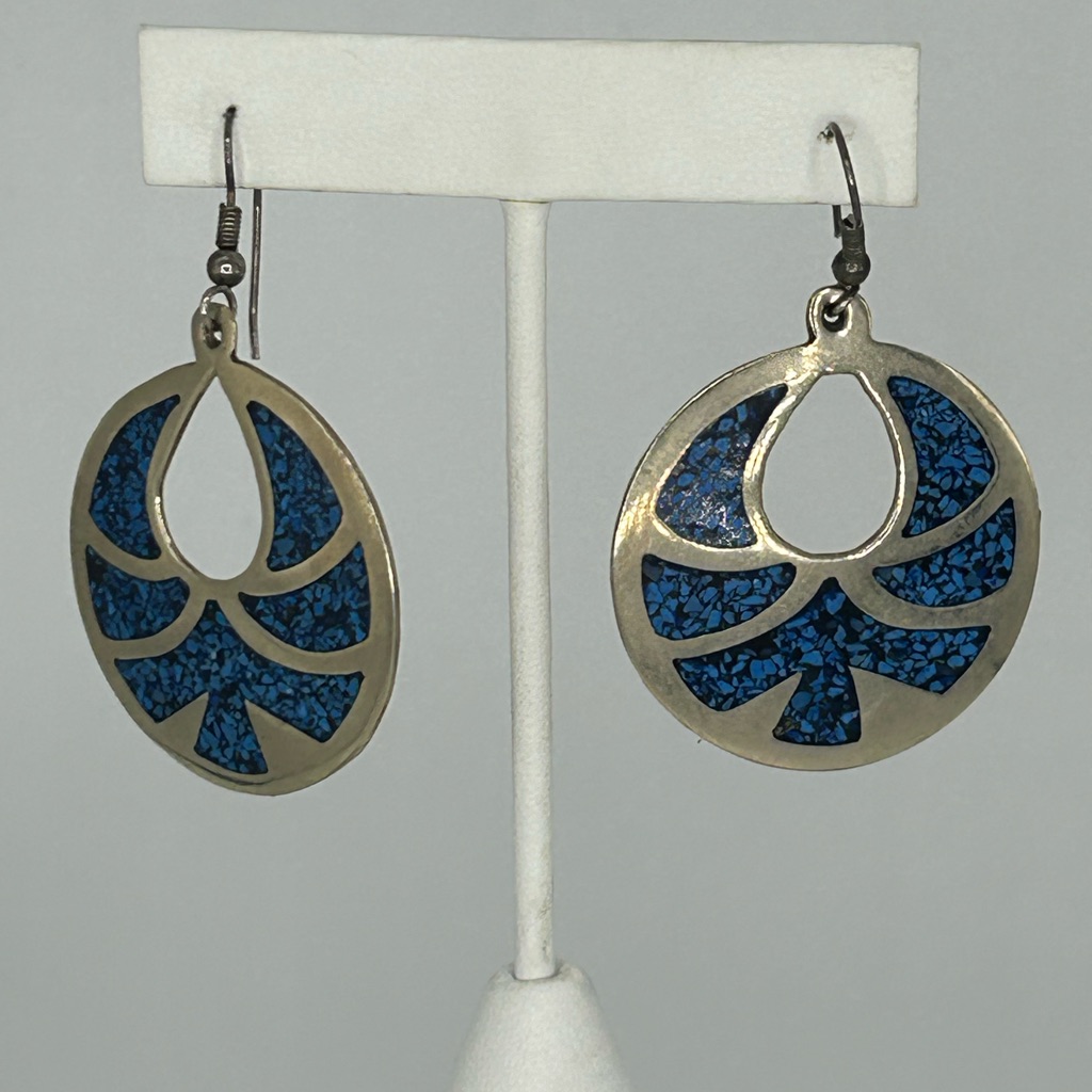Vintage Handmade In Mexico Dangle Earrings W/Crushed Turquoise Bird Inlay